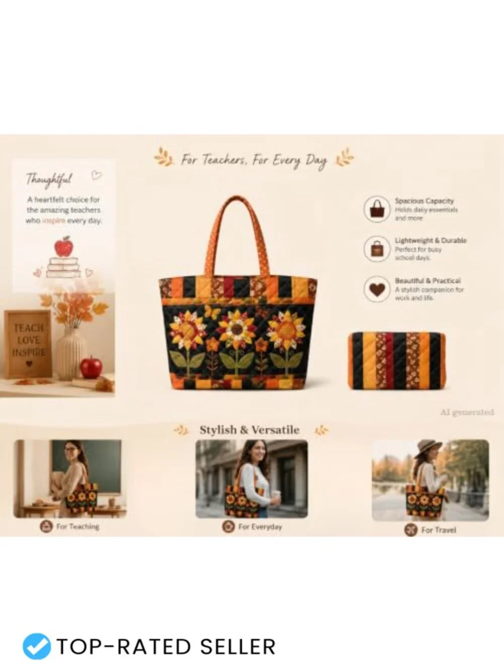 Quilted Tote Bag Set with Sunflower Patchwork Laptop Tote & Pouch
